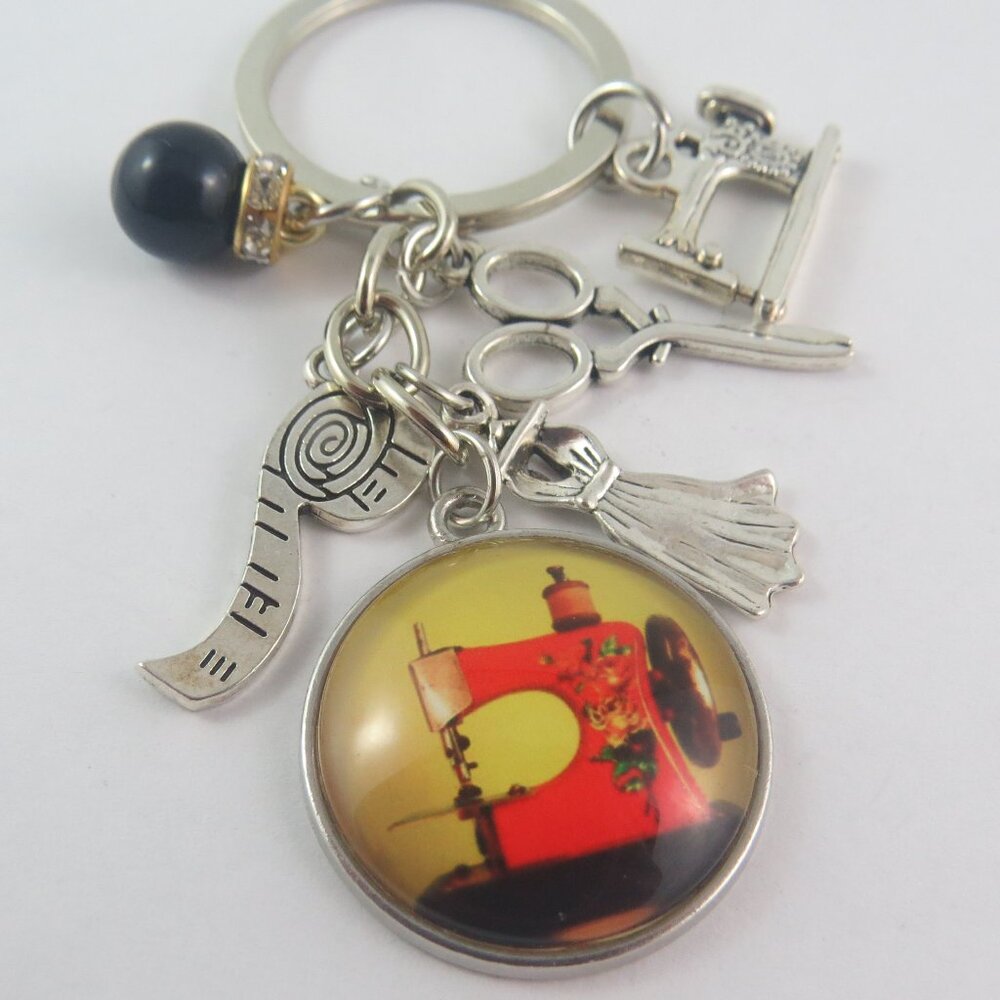 Sewing Keychain Sewing Machine Key Ring with Scissors Dress Form Ruler Charms